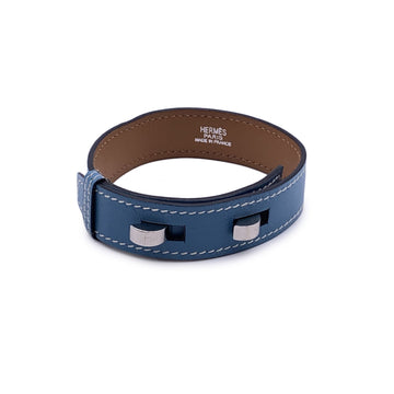 HERMES Paris Light Blue Leather Belt Bracelet Silver Metal Hardware