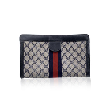 GUCCI Vintage Blue Monogram Canvas Cosmetic Bag Clutch Stripes