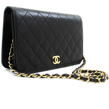 CHANEL Full Flap Chain Shoulder Bag Clutch Black Quilted Lambskin