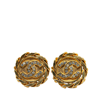 CHANEL Gold Plated CC Rhinestones Clip on Earrings Costume Earrings