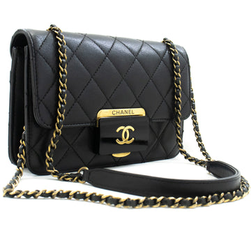 CHANEL Mini Calfskin Chain Shoulder Bag Black Quilted Flap Leather