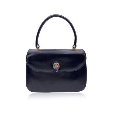 GUCCI Vintage Black Leather Handbag Satchel With Lapis Closure