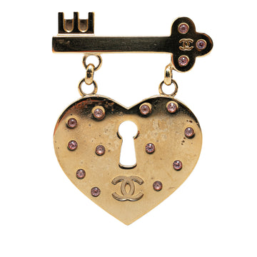 CHANEL Gold Plated Heart Lock and Key Brooch Pin Costume Brooch