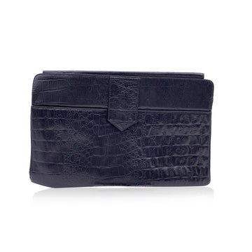 Enrico Coveri Vintage Black Embossed Leather Portfolio Clutch Bag