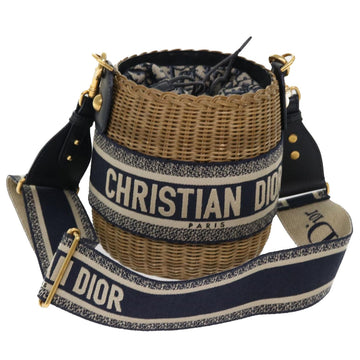 CHRISTIAN DIOR Christian Basket Bag Trotter Canvas Shoulder Bag Rattan Blue Auth 51270a