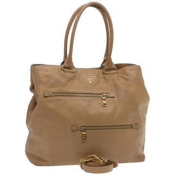 PRADA Tote Bag Leather 2way Beige Auth 67339