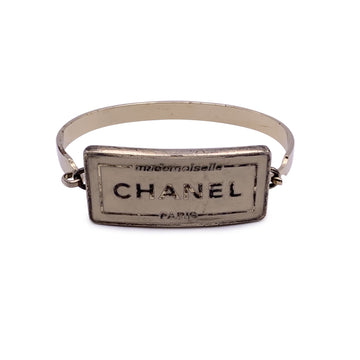 CHANEL Vintage Silver Metal Beige Enamel Mademoiselle Bangle Bracelet