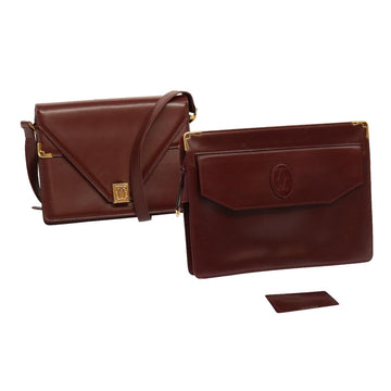 CARTIER Clutch Bag Shoulder Bag Leather 2Set Wine Red Auth 68344