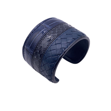 BOTTEGA VENETA Blue Leather Woven Wide Bracelet Cuff Size S