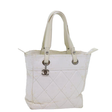 CHANEL Paris Biarritz PM Tote Bag Coated Canvas White CC Auth 70278