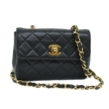 CHANEL Mini Matelasse Turn Lock Chain Bag Lamb Skin Black CC Auth 72435A