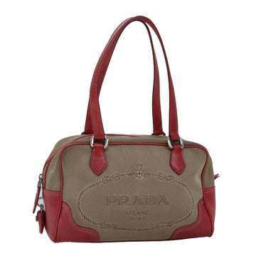 PRADA Shoulder Bag Canvas Beige Red Auth 74777