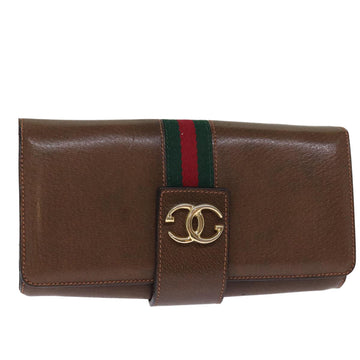 GUCCI Web Sherry Line Clutch Bag Leather Brown Red Green Auth 75653