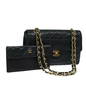 CHANEL Matelasse Turn Lock Chain Shoulder Bag Lamb Skin Black CC Auth 76534A