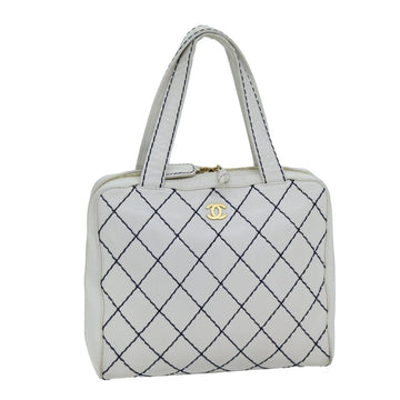 CHANEL Wild Stitch Hand Bag Leather White CC Auth 76642