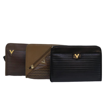 VALENTINO Clutch Bag Leather 3Set Black Brown Auth 76726