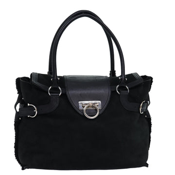 SALVATORE FERRAGAMO Gancini Hand Bag Suede Black Auth 77038