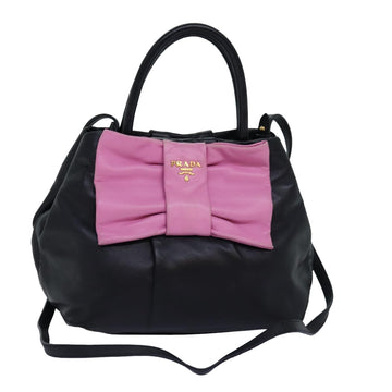 PRADA Ribbon Hand Bag Leather 2way Black Pink Auth 77209