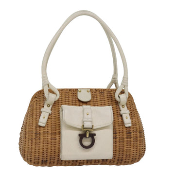 SALVATORE FERRAGAMO Wicker Hand Bag Wood Beige Auth 77225