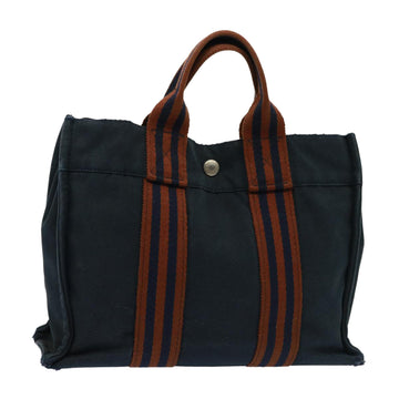 HERMES Fourre Tout PM Hand Bag Canvas Brown Navy Auth 77706