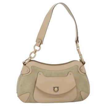 SALVATORE FERRAGAMO Gancini Shoulder Bag Suede Leather Beige Auth 77770