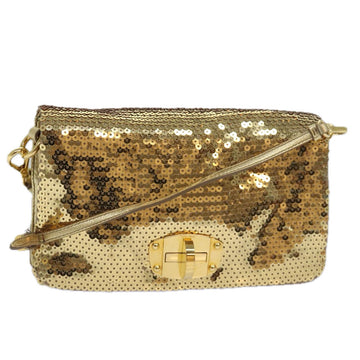 MIU MIU Sequin Shoulder Bag Leather Gold Auth 79210