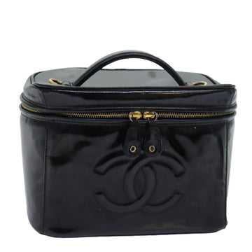 CHANEL COCO Mark Vanity Cosmetic Pouch Enamel Black CC Auth 79536