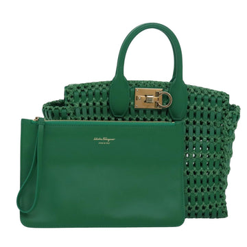 SALVATORE FERRAGAMO Gancini Studio Basket Bag leather straw Green Auth 79866A