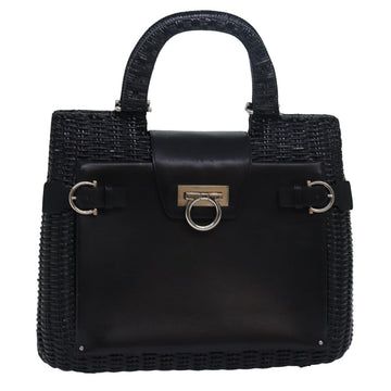 SALVATORE FERRAGAMO Gancini Hand Bag Raffia Black Auth 80250