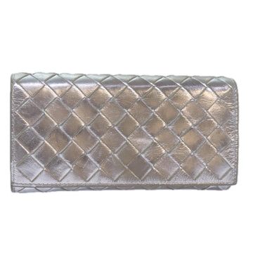 BOTTEGA VENETA INTRECCIATO Long Wallet Leather Silver tone Auth 80984