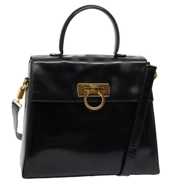 SALVATORE FERRAGAMO Gancini Hand Bag Enamel 2way Black Auth 83368