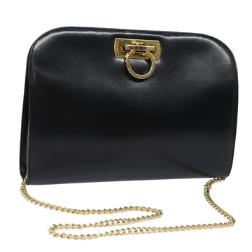 SALVATORE FERRAGAMO Gancini Chain Shoulder Bag Leather Black Auth 83803