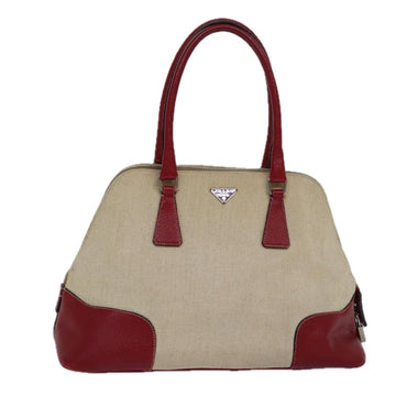 PRADA Hand Bag Canvas Leather Red Beige Silver Auth 85435