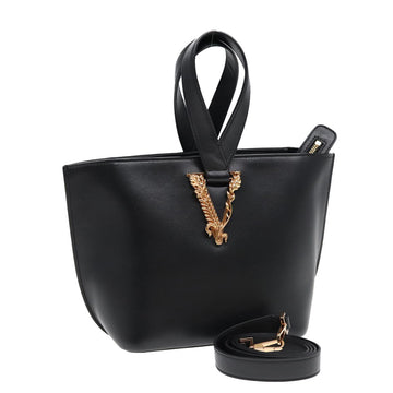 VERSACE Hand Bag Leather 2way Black Gold Auth 85532