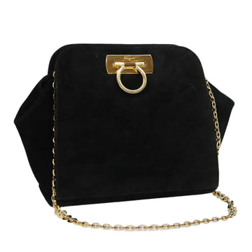 SALVATORE FERRAGAMO Gancini Chain Shoulder Bag Suede Black Gold Auth 85682