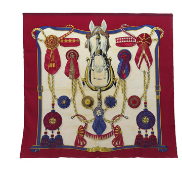 HERMES Carre 90 Scarf �hFrontaux et Cocardes�h Silk Wine Red White Auth 85744