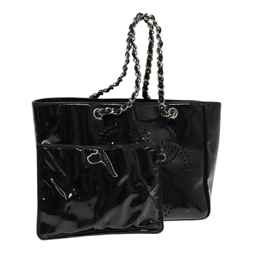 CHANEL Chain Tote Bag Patent leather Black Silver CC Auth 86039