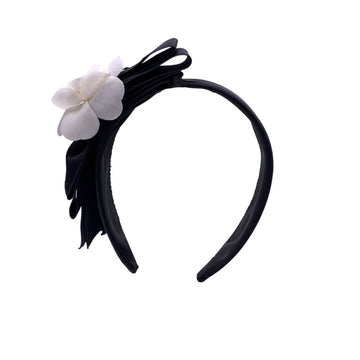 CHANEL Vintage Black Silk Bow Camellia Headband Hair Accessory