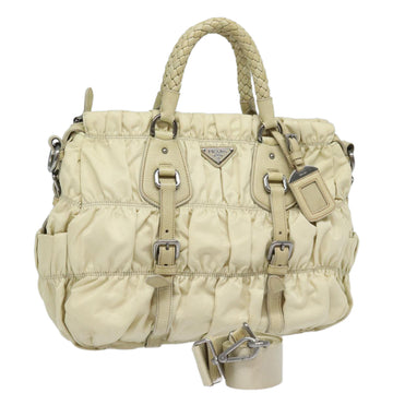 PRADA Hand Bag Nylon 2way Cream Silver Auth 86443