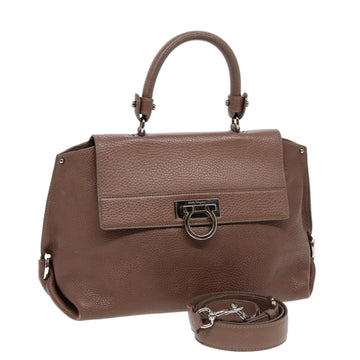 SALVATORE FERRAGAMO Gancini Sofia Hand Bag Leather 2way Brown Silver Auth 86595