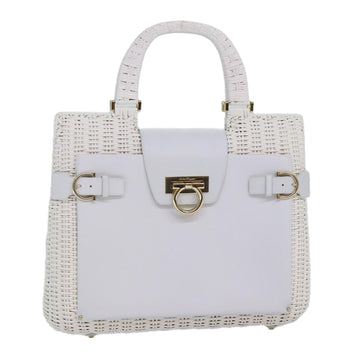 SALVATORE FERRAGAMO Gancini Hand Bag Wicker White Gold Auth 86611