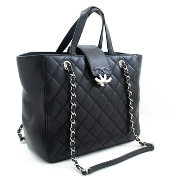 CHANEL 2 Way Chain Shoulder Bag Handbag Tote Black Caviar Quilted
