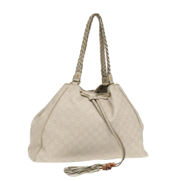 GUCCI GG Canvas ssima bamboo Shoulder Bag Leather White Gold Auth 87104