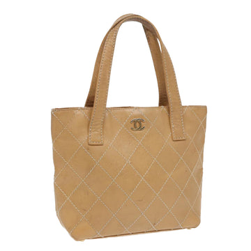 CHANEL Wild Stitch Matelasse Hand Bag Leather Beige Gold CC Auth 87191