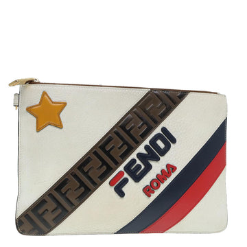 FENDI FILA Collaboration Clutch Bag Leather Beige Gold Auth 87366