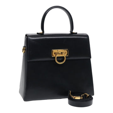 SALVATORE FERRAGAMO Gancini Hand Bag Leather 2way Black Auth 87660