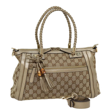 GUCCI GG Canvas Hand Bag Bamboo 2way Beige Gold 282300 Auth 87767