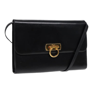 SALVATORE FERRAGAMO Gancini Shoulder Bag Leather Black Gold Auth 87900