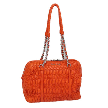 MIU MIU Quilted Shoulder Bag Leather Orange Silver Auth 88106