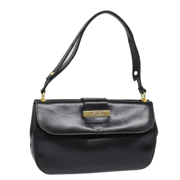 CHRISTIAN DIOR Shoulder Bag Leather Black Gold Auth 88138